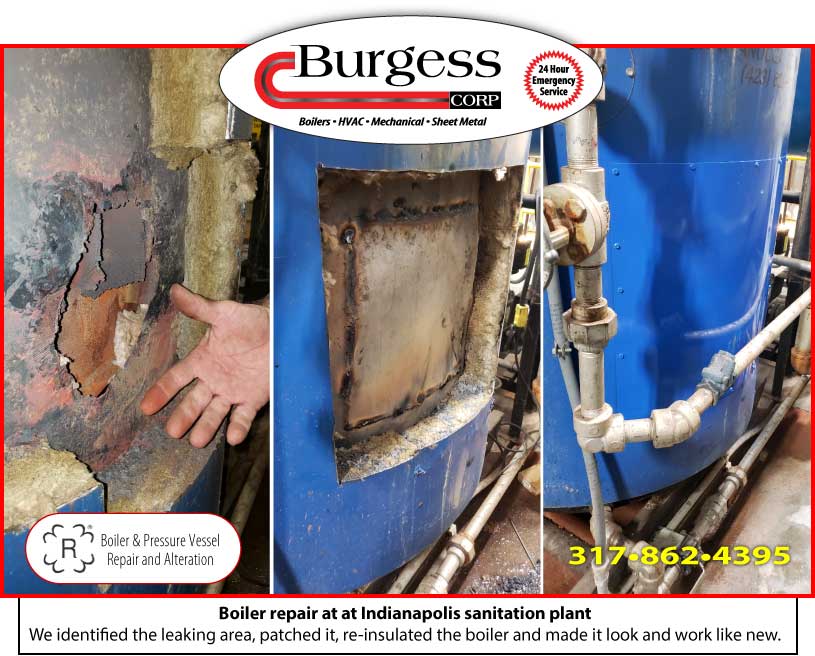 Boiler patching repair done by Burgess Mechanical at an Indianapolis sanitation plant