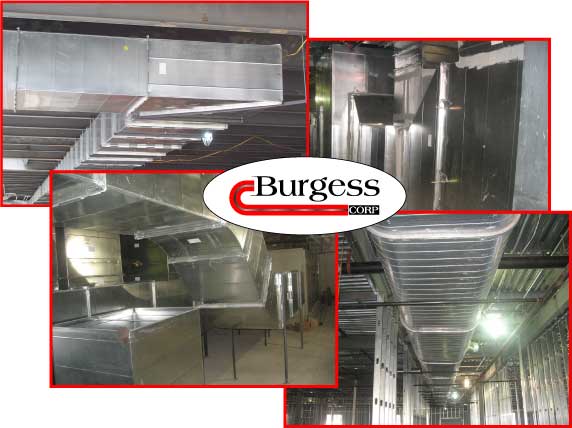 Collage of photos of custom sheet metal ductwork and air ducts manufactured and installed by Burgess Mechanical in Indianapolis